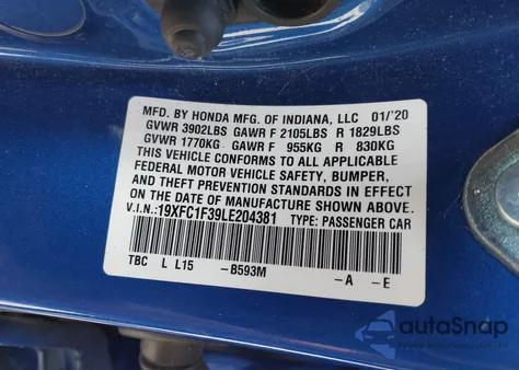 2020 Honda Civic Ex z USA, uszkodzony, nr VIN 19XFC1F39LE204381